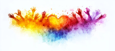 United in Diversity Colorful Abstract of Hands and a Heart Symbolizing Community Support.の素材