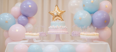 Dessert Table with Cakes And Treats At an Elegant Indoor Birthday Decoration With Pastel Balloonsの素材