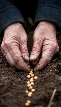 Close-Up Of Senior Hands Planting Seeds In Soil, Concept Of Sustainable Gardening And New Lifeの素材