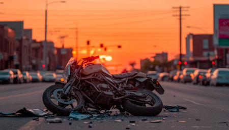 After the Ride Destructive Motorcycle Accident Scene at Sunset, Urban Commute Tragedy.の素材