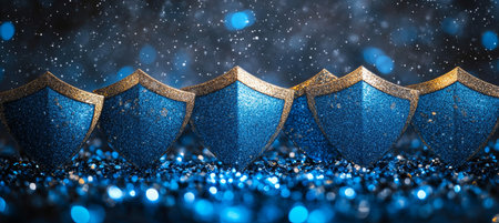 Blue And Gold Protection Shields, Security And Safety Insurance With A Shimmering Backgroundの素材