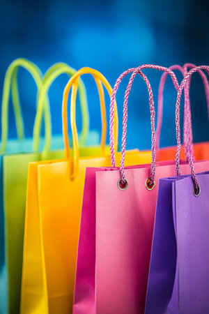 Vibrant Rainbow Colored Shopping Bags on Blue, Retail Therapy and Consumerism Conceptの素材