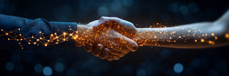 Network Connection Partnership Two Individuals Shaking Hands Illuminated by Golden Network Graphicsの素材