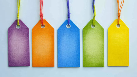 Five Colorful Blank Sale Tags, Hanging Against a White Background, Ready for Your Text or Design.の素材