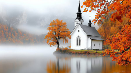 Serene Autumn Lake Tranquil Lakeside Church with Misty Mountain Backdrop, a Serene Fall Landscapeの素材