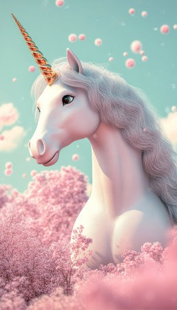 Magical White Unicorn with Pearlescent Horn Emerges From Pastel Pink Cloudy Wonderlandの素材