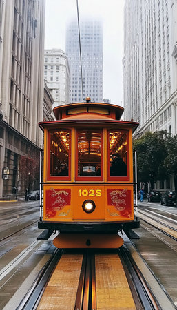 Classic Orange Cable Car on a Rainy Day in the City, Blurry Modern Buildings Backgroundの素材