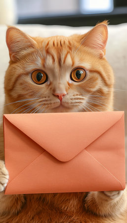 Curious Ginger Cat with Orange Envelope, Cosy Home Scene Pet and Mail Delivery Conceptの素材
