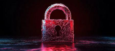 Abstract Shattered Padlock illuminated with Red Light Symbolizing Digital Security Risk.の素材