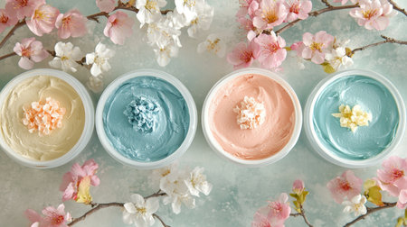 Four Jars of Colorful Face and Body Cream or Scrub Surrounded Pastel Pink Flowers, Beauty Productの素材