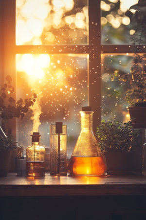Golden Hour Alchemy Atmospheric Laboratory Setting with Vintage Glassware and Glowing Lightの素材
