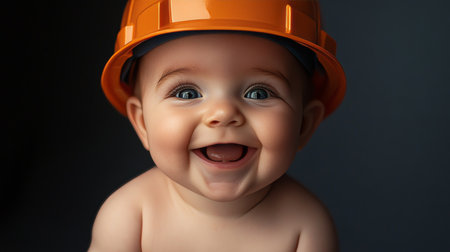 Happy Baby with a Big Smile, Wearing Construction Helmet, Isolated on Gray Backgroundの素材