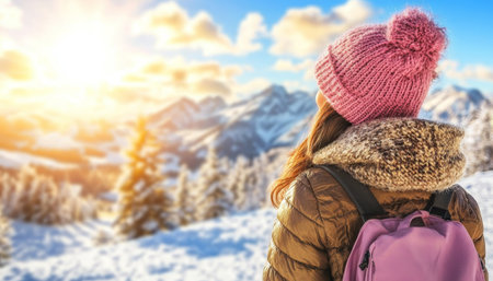 Winter Wonderland Adventure Young Woman Enjoys Breathtaking View of Snow-Capped Mountainsの素材