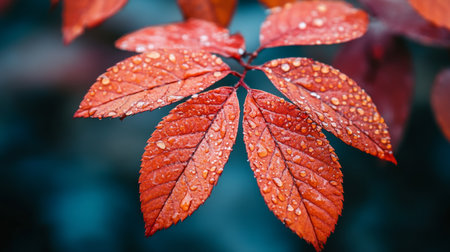 Red Autumn Leaves with Raindrops, Fall Foliage Close-up with Water Droplets on Vibrant Red Leavesの素材