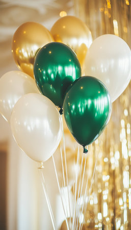 Green And Gold Balloons On A Gold, White Background For Celebration, Party Decorationの素材