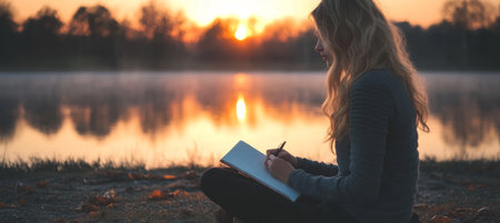 Peaceful Sunset Reflections Woman Journaling by the Lake, Finding Inspiration in Nature s Embrace.の素材