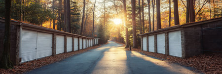 Long Row of Modern, White Storage Units in Autumn Woods, Bathed in Golden Sunset Lightの素材