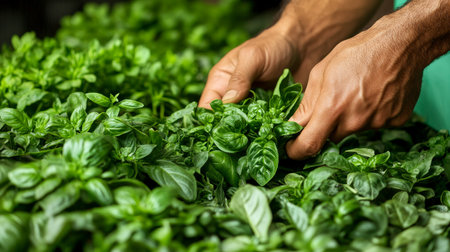Hands Harvesting Fresh, Organic Basil Leaves in a Lush, Vibrant Garden, Ideal for Culinary Use.の素材