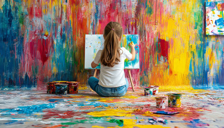 Little Artist Painting on Canvas, Embracing Colorful Mess, Childhood Creativity Concept.の素材