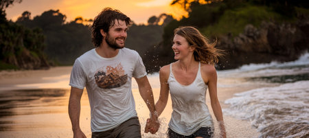 Couple Splashing In Ocean Waves At Sunset, Young Love On Romantic Tropical Beach Vacationの素材