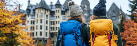 Two Female Tourists with Backpacks Exploring a Majestic European Castle Surrounded by Autumn Colors.の素材