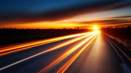 Speed Of Light Data Highway Sunset with Light Trails Symbolizing Fast Digital Information Flowの素材