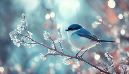 Serene Winter Bird Tranquil Bluebird On Branch With Soft Bokeh, Ethereal Light, Peaceful Natureの素材