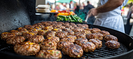 Delicious, Juicy Hamburgers Sizzling on an Outdoor Grill At a Backyard Summer Barbecueの素材