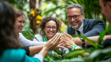 Celebrating Team Success Joyful Colleagues High Five During Outdoor Team Building Activityの素材