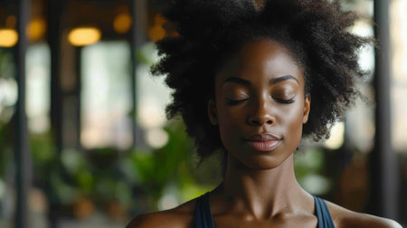 Serene Black Woman Meditating with Eyes Closed, Finding Peace and Mindfulness in Natureの素材
