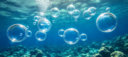 Underwater Tranquility Air Bubbles Ascend Gracefully in Crystal-Clear Turquoise Waterの素材