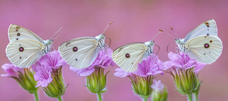 Four Elegant White Butterflies Feeding on Delicate Pink Flowers, Springtime Nature Backgroundの素材