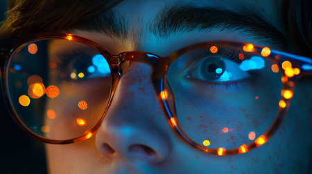 Magical Bokeh Through Stylish Glasses, Close-Up Of Mans Face With Reflective Lenses At Nightの素材