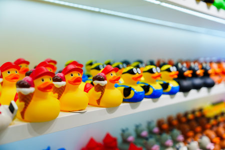 A Colorful Array of Playful Rubber Ducks Organized Neatly on Bright White Store Shelves for Saleの写真素材
