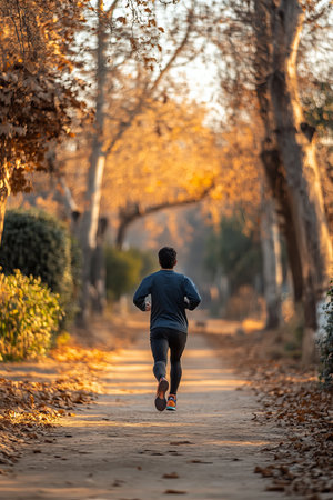 Early Morning Run, Fitness Motivation A lone Jogger on a Leafy Path, Sunlight Through Treesの素材