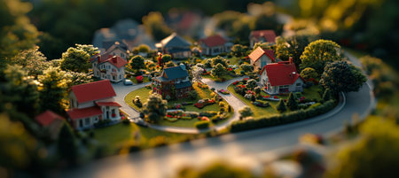 Model Township Quaint Houses with Trees in Delightful Suburban Real Estate Photographyの素材