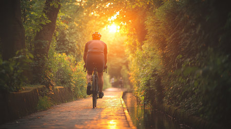 Golden Hour Bike Ride Cyclist Enjoys Scenic Riverside Trail During Sunset, Fitness, Travelの素材