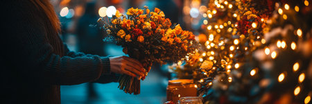 Florist Arranging Vibrant Bouquet in Shop with Twinkling Fairy Lights for Holiday Seasonの素材