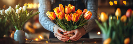 Florist Arranging Vibrant Bouquet with Fairy Lights, Celebrating the Art of Floral Designの素材