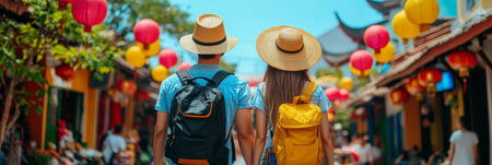 Young Couple Exploring Vibrant Asian Market, Back View, Focus on Travel and Cultural Immersionの素材
