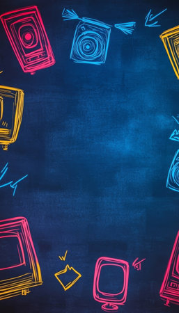 Vintage Media Nostalgia Colorful TV and Radio Icons on a Textured Chalkboard Backgroundの素材