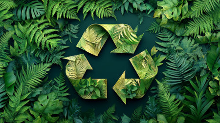 Green Recycling Symbol Surrounded by Lush Foliage, Representing Environmental Sustainability.の素材