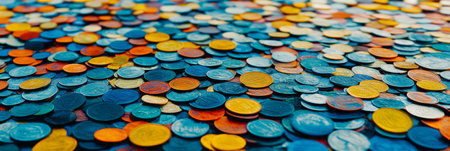 Vividly Colored Coins Scattered Across a Surface An Abstract Background for Finance and Wealthの素材