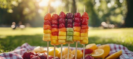 Summer Picnic Delight Colorful Fruit Skewers on a Blanket, Enjoying Sunshine in the Park.の素材