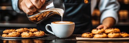 Barista Pours Latte Art, Aromatic Coffee and Freshly Baked Pastries Enhance Cafe Experience.の素材