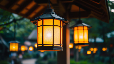 Japanese Lanterns, Traditional Hanging Lanterns Illuminate a Night Scene, Warm, Inviting Light.の素材
