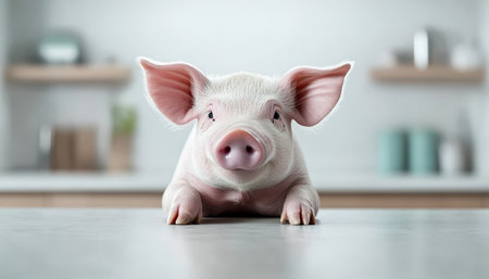 Adorable Piglet Portrait, White Background, Copy Space, Looking at Camera, Domestic Animal, Indoorの素材