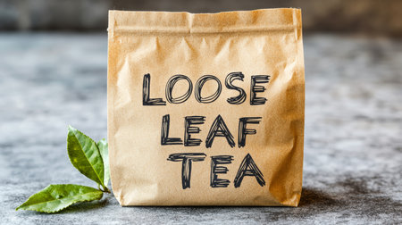 Brown Paper Bag Filled with Loose Leaf Tea and Fresh Tea Leaves, Showing a Natural and Healthy Drinkの素材
