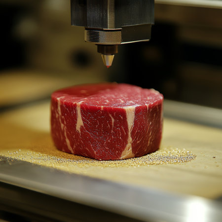 3D Printed Food, Raw Meat, Realistic Looking 3D Printed Steak On Wooden Board, Modern Cookingの素材