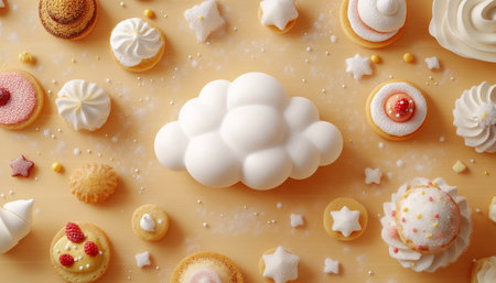Sweet Dreams Dreamy Assortment of Pastel-Colored Desserts and a Candy Cloud on Yellowの素材